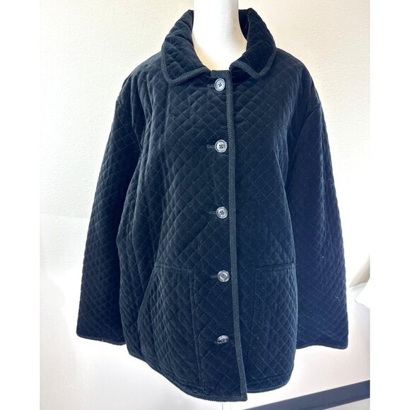 Chaps Jacket Black Velveteen Quilt Diamond Print Buttons Pockets Lined Size 3X - Picture 3 of 16